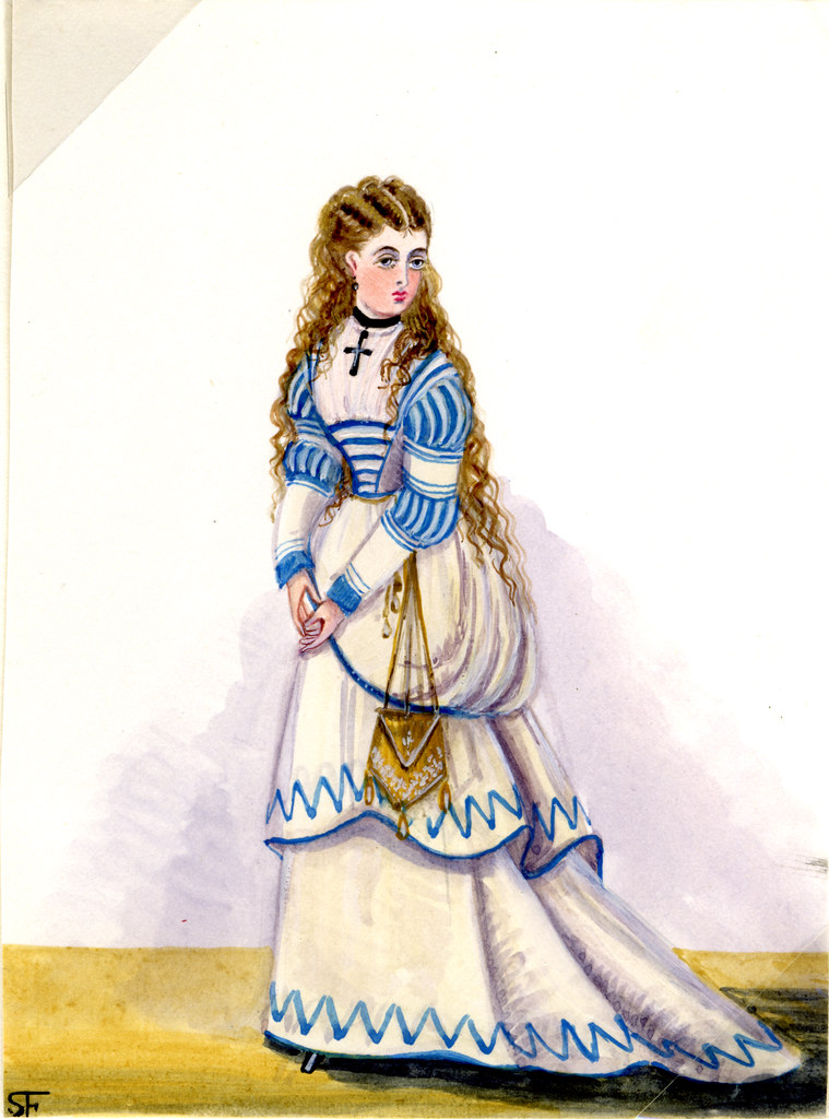 Watercolour of a woman in a blue and white dress with a cross necklace
