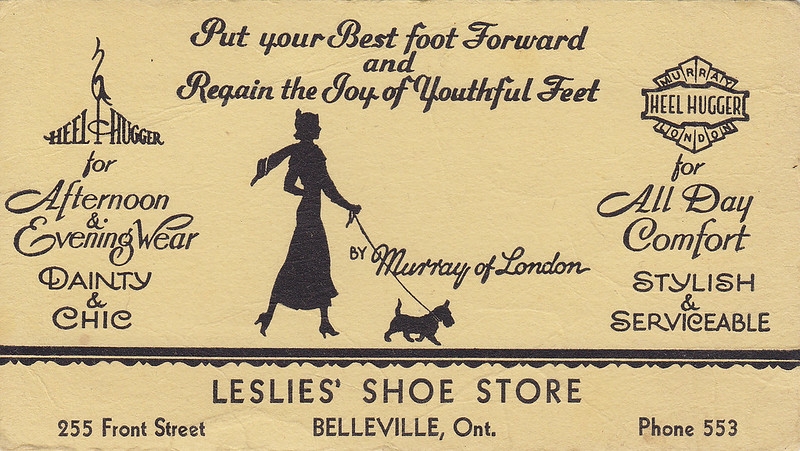 Blotter advertising Leslies' Shoe Store in Belleville, Ontario. Text reads: 