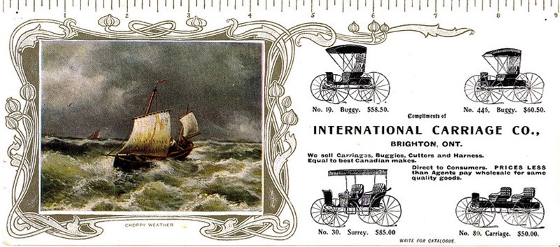 Blotter advertising the International Carriage Co. of Brighton, Ontario. The blotter has ruler markings on the top and illustrations of four buggy and carriage types. There is also a reproduction of a painting of a boat on a rough sea entitled "Choppy Weather". [Painting seems to be a copy of "Ships in a Storm" by Oscar F. Adler, c.1912]