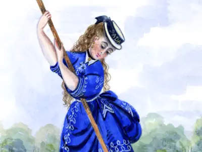 Drawing of a woman in a sailor dress on a boat.