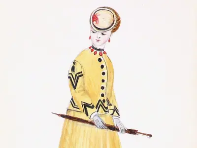 Drawing of a woman in a long yellow dress.