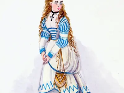 Drawing of a woman in a blue and white dress, wearing a necklace with a cross.
